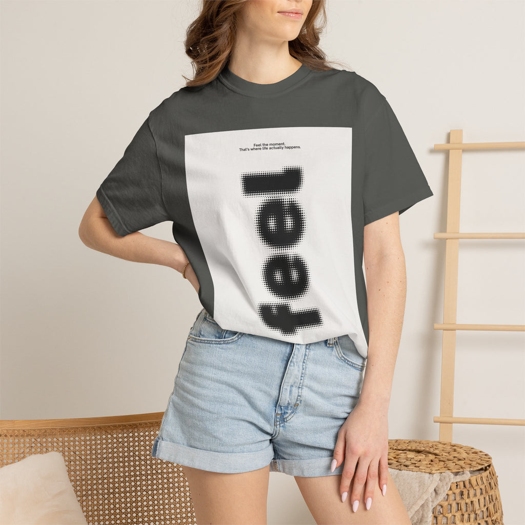 Feel Vertical Text Graphic T-Shirt — Minimalist Streetwear Tee