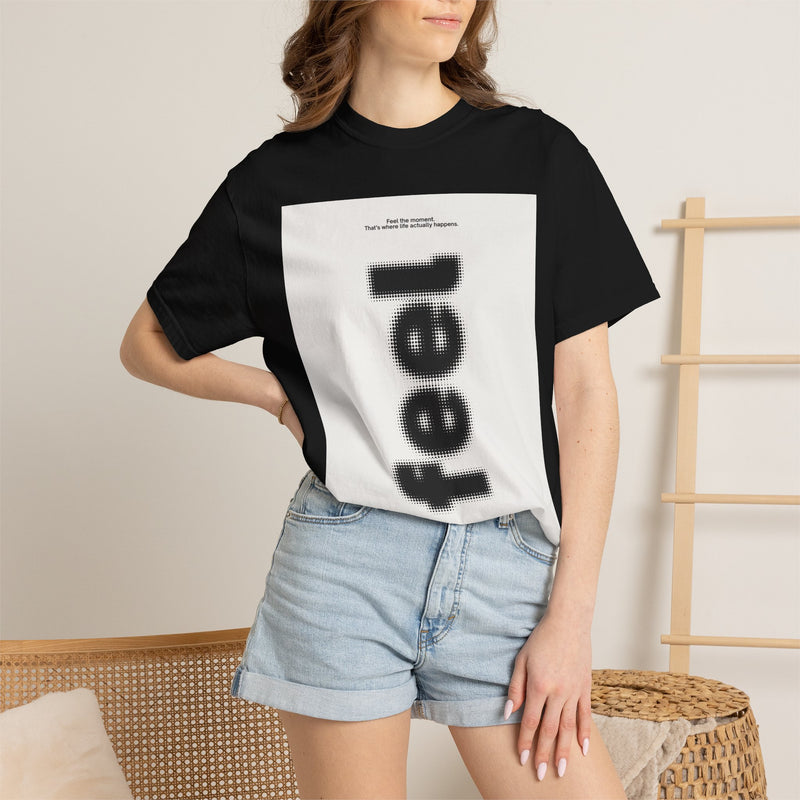 Feel Vertical Text Graphic T-Shirt — Minimalist Streetwear Tee